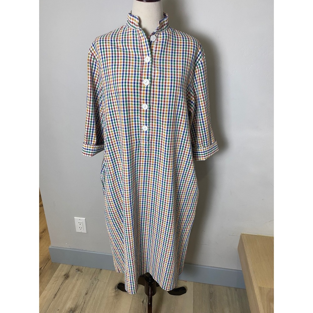 Vintage Andrew McMullan 70s Rainbow Gingham Check Midi Shirt Dress Multi Color